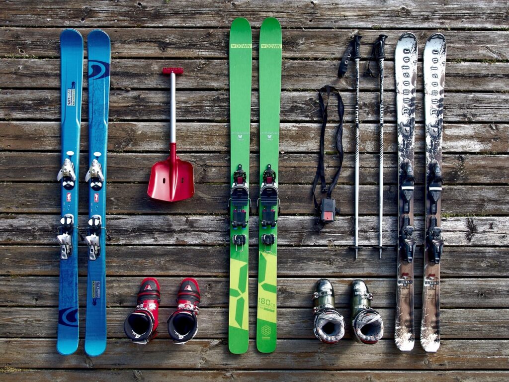 ski equipment on a wall